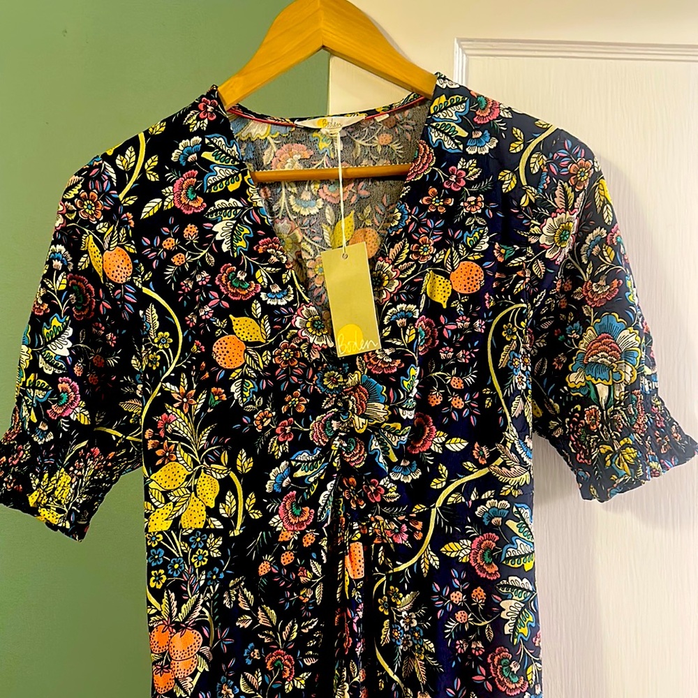 Boden Floral Midi Dress, Navy with Citrus, Size 4